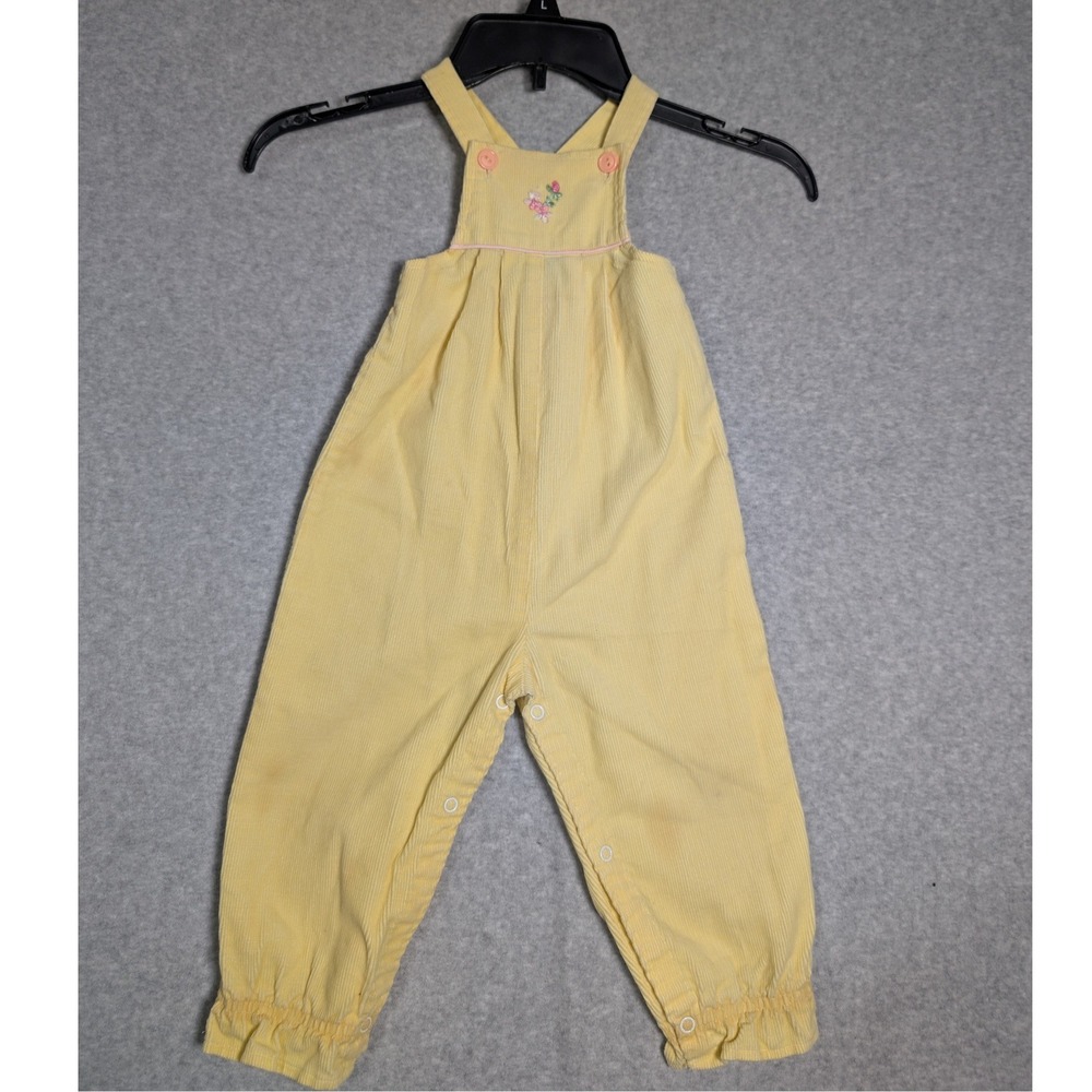 Vintage Sears Yellow Corduroy Romper Floral Embroidery Size L Kids 2T Retro